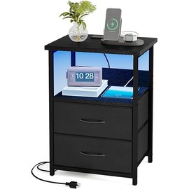 Fixwal Night Stand with Charging Station, LED Nightstand with U-S-B Ports and Outlets, 2 Fabric Storage Drawers with PU Finish, Bedside Table, Black