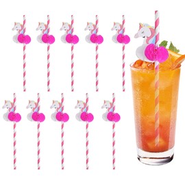 LUMOOM Pack of 50 Cocktail Straws, 3D Fruit Flamingo Paper Straws, Biodegradable, Tropical Hawaiian Party, Summer Party, Drink Decoration, for Cold Drinks (Unicorn)