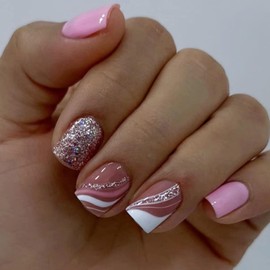 24pcs Short Square False Nails, Pink White Swirl Stick On Nails, Full Cover Glitter False Nails, Sequins Acrylic Fake Nails with Removable Glue for Women, Brides, and Nail Art