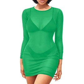 Daci - Traje de baño sexy de malla transparente para mujer con mangas largas, vestido de playa estilo bodycon, Verde, S