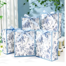 Kolldenn 24 Pcs Floral Thank You Gift Bags with Handles 9"x7"x3.15" Elegant Paper Gift Bags with Bow Ribbon for Wedding Birthday Baby Shower Bridesmaid Party(Blue)