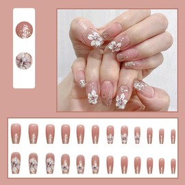 BQZQPAMZ Flower Design Coffin Shaped Press on Nails Sequin Glitter Fake Nails With Glue Medium Length Glossy Full Coverage Acrylic Nails for Women Daily DIY Floral Nail Art Supplies