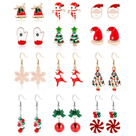 SOMEITIA 12Pairs Christmas Earrings Sets for Women Snowflake Santa Claus Jingle Bell Stud Dangle Earrings Christmas Snowman Glove Hat Stud Earring Christmas Festival Earring Jewelry Sliver