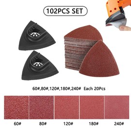 102 Pieces Triangular Sandpaper Set, 2 Pieces Triangle Oscillating Saw Sanding Disc + 100 Pieces Sanding Sheets 60# 80# 120# 180# 240#, for Polishing Wood and Metal