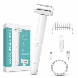Afeitadora íntima de doble corte, recortadora de bikini para mujer, impermeable, para zonas sensibles, afeitadora de vello púbico, sin dolor, sin arañazos, de bolsillo (blanco)