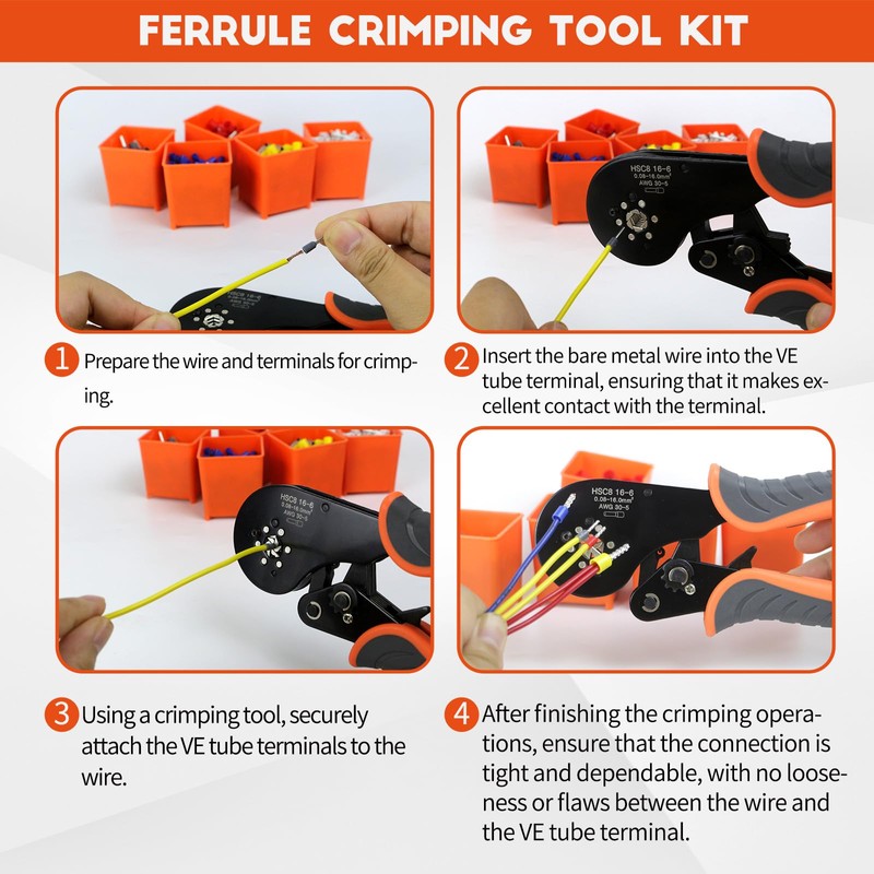 2200PCS Hexagonal Ferrule Crimping Tool Kit –Amliber AWG30-5 Self-Adjusting Wire