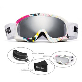 JUST GO Kids Ski Goggles with EVA case, Snowboard Snow Goggles Anti-Fog Double-Layer UV 400 Protection Lens for Boy and Girl, Multicolour Frame, Silver Lens (VLT 13.2%)