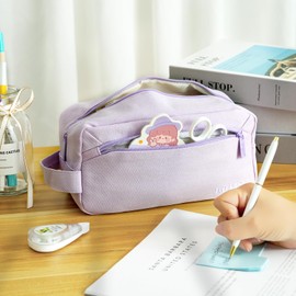 Large Capacity Pencil Case 3 Compartments, Portable Pencil Case with Zipper, Aesthetic Pencil Bag Pouch College Office School, Multifunctional Stationery Organizer for Teen Girl Boy Adults (Purple)