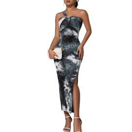 DRESSTELLS Women's Summer Floral Tie Dye Tube Bodycon Dress 2025 Maxi Beach Ruched Long plit Wedding Guest Dress for Party Club Cocktail Black L