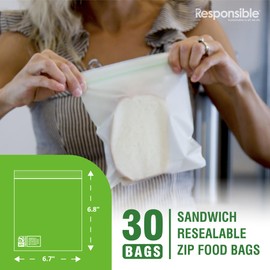 Responsible Products Responsible Products Certified Compostable SANDWICH Resealable Zip Bag, Extra Strength Food Bags, Plant-Based Freezer-Safe (30 Pack)