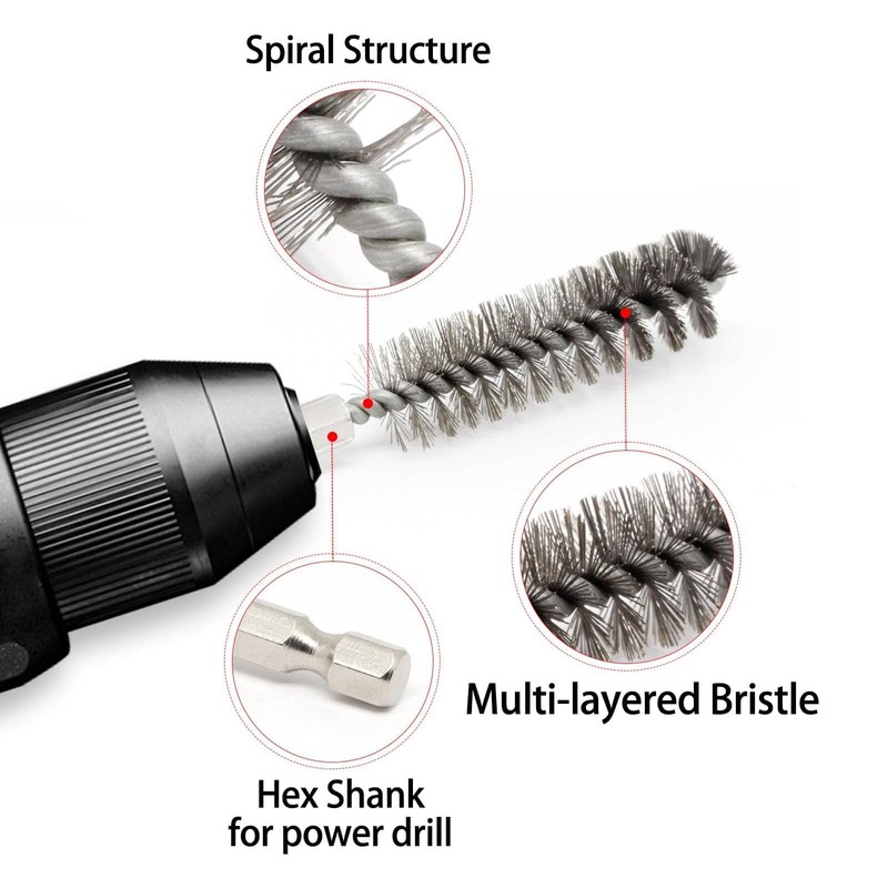 6pcs Set Bore Brush for Drill, 1/4" Hex Shank Stainless
