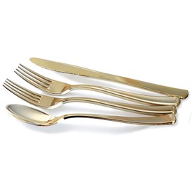 " OCCASIONS " 640 Piece set (80 Guests)-Vintage Wedding Party Disposable Plastic Plates & cutlery -80 x 10.25'' + 80 x 7.5'' +Gold Silverware + Gold rim Cups + Napkins (Portofino Plain Ivory)