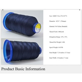 Selric [600Yards / 26 Colors Available] Tex 270 Bonded Nylon Thread for Leather Sewing 840D/3 T270#277 Heavy Duty Upholstery thread for Leather and Other Heavy Fabric（Navy Blue）