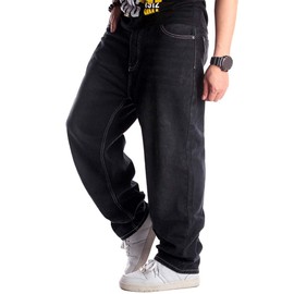 Ylingjun Mens Baggy Hip Hop Jeans Casual Loose Fit Embroidered Skateboard Denim Pants (40, Black 024)