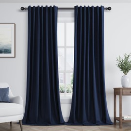 Guken Navy Blue Linen Blackout Curtains 84 Inch Length 2 Panels Set for Living Room Bedroom Back Tab Thermal Insulated 100% Black Out Linen Drapes Room Darkening Window Curtains 84 Inches Long