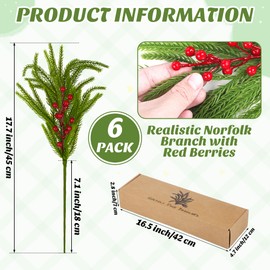 Fovths 6 Pack Christmas Norfolk Pine Branches with Red Berries 18 Inch Artificial Norfolk Pin Needle Branches DIY Crafts Faux Greenery for Xmas Indoor Outdoor Garland Wreath Craft Home Decor
