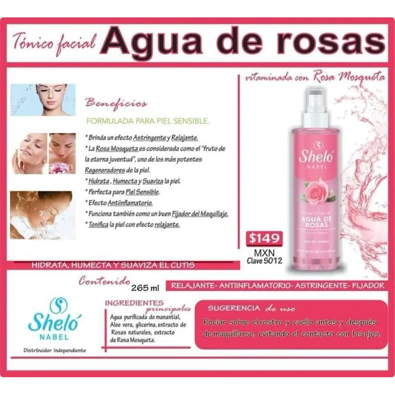 Tónico Facial Agua Rosas 265ml Hidrata Humecta Shelo S012