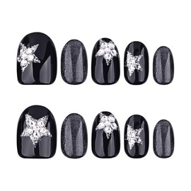 Stbisen Press on Nails Short Oval, Black Fake Nails Kit, Glossy Acrylic Press on Nails with 3D Sparkling Pentagram & Mixed Cat Eye Design, Natural Stick on Nails, Thick Reusable Glue on Nails for Women, 24Pcs