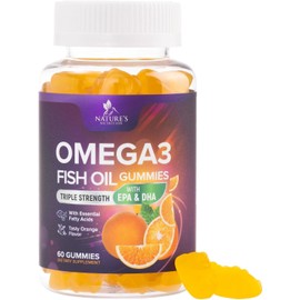 Nature's Nutrition Omega 3 - Gomitas de aceite de pescado sabor natural a naranja extra fuerte DHA y EPA – Soporte natural para el cerebro y apoyo para las articulaciones, deliciosa vitamina de goma para hombres y mujeres – 60 gomitas