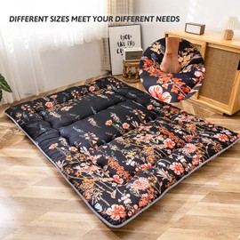 Black Floral Japanese Futon Floor Mattress, Bed Mattress Topper Portable Thick Sleeping Pad Floor Bed Roll Up Camping Mattress Folding Couch Bed Mattress Pad for Guest Room, Full Size