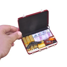 EKKZ 1:6 Scale Miniature Briefcase Set - Includes Fake Gold Bars, Bundles of $100 Mini Dollar Bills, Vintage Coins and Mini Weapons - Unique Adult NoveltyToy & Dollhouse Accessories (Red)