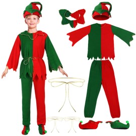 Geyoga 9 Pcs Kids Christmas Elf Costumes Cute Red Green Xmas Elf Outfits With Hat Shoes for Boys Girls Cosplay(Medium)