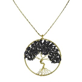 Simulated Black Onyx Stone Eternal Tree of Life Brass Long Necklace