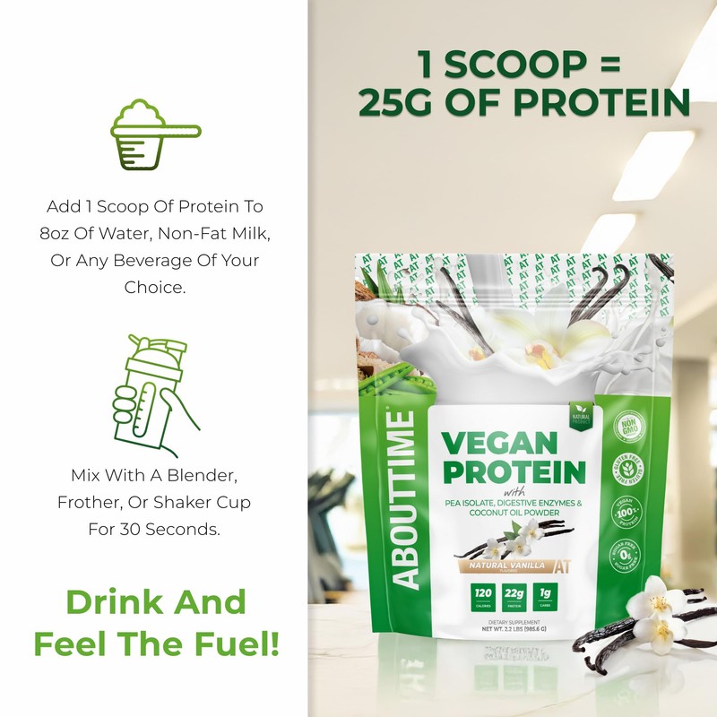 About Time Vegan Protein Powder 22g Vanilla, Natural Ingredients, Non-GMO,