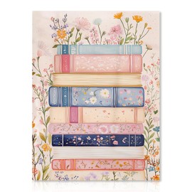 Dazzlewall Vintage Pink Canvas Wall Art, Retro Floral Book Stack Artwork Print Girls Room Dorm Wall Decor for Bedroom Living Room, 12x16 in Unframed