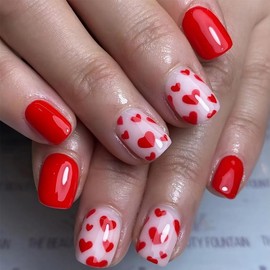 Red Love Heart Press on Nails Short Square Valentines Day Fake Nails with Glue Red Love Heart Design False Nails Valentine Love Heart Glue on Nails Love Artificial Stick on Nails for Women Girls 24Pcs