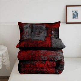 Grunge Ombre Comforter Set Queen Red Black Dark Grey Bedding Sets Watercolor Abstract Quilt Set For Kids Boys Girls Vintage Hippie Graffiti Duvet Insert Oil Painting Style Room Decor 2 Pillow Cases
