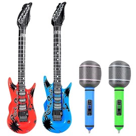 ADQUATOR 4pcs 100cm Guitar and 35cm Microphone Inflatable Balloons, Rock and Roll Musical Instruments Set for Adult Kid Party Props Decorations