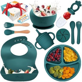 Silicone Baby Feeding Set, Suction Plates Bowls Bibs for Self Feeding Green | Baby Led Weaning, BPA-Free Suction Plates and Bowls, Baby Spoons Forks, 