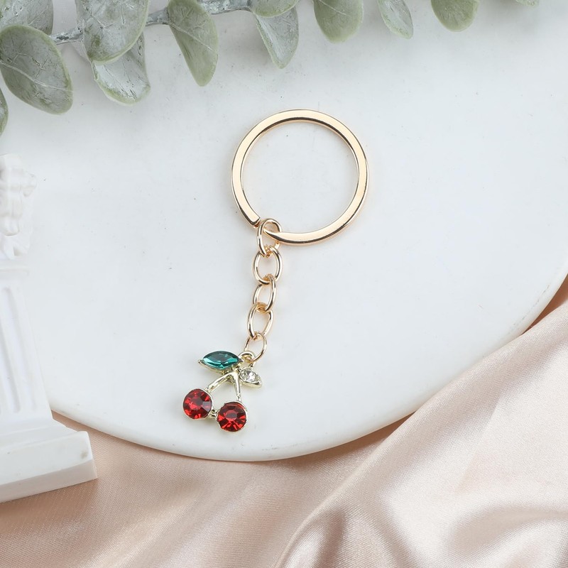 MUCOOS Small cherry key ring, decorated with delicate small rhinestones,