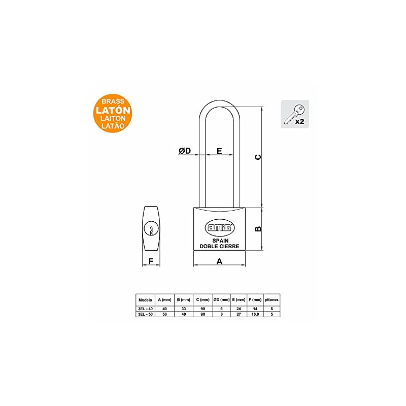 Amig 3el Extra Long Padlock Diameter 50m Brass Display