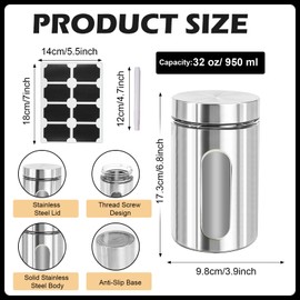 PEDOBALI 7 Pcs Kitchen Canisters Set with Window Glass 32 oz Stainless Steel Candy Storage Jars with Lids Airtight Coffee Containers for Flour Grains Spices Tea Sugar Cookies Kitchen Decorations