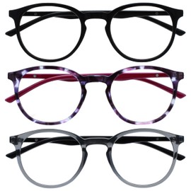 Opulize Met MMM60-157 -1.00 Long Distance Glasses Pack of 3 Myopia Slim Round Frame Spring Hinges Scratch-Resistant Black Purple Transparent Grey Men Women