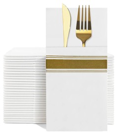 YIDUHAO Pocket Napkins,Disposble Cloth Like Napkins,Built-in Flatware Pocket,Decorative Wedding Napkins with Gold Stripe Print,Pre-Folded Party Napkin, Soft, Strong, Absorbent,Pack of 50