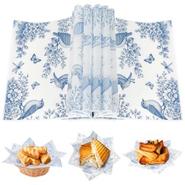 LOAVER 150 Pcs Blue Floral Wax Paper Sheets for Food,Chinoiserie Bird Greaseproof Wrapping Tissue Deli Parchment Baking Paper for Sandwich Cookies Picnic Liners Kicthen Supplies(8.66 x 9.84 Inch)
