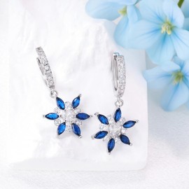 S925 Sterling Silver Blue Cubic Zirconia Snowflake Dangle Hoop Earrings with Heart Cz Hypoallergenic Loop Earrings Winter Jewelry for Women Birthday Party