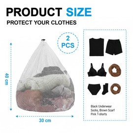 2 Pcs Mesh Laundry Bags,30 x 40 cm Net Laundry Bags with Drawstring,Reusable Machine Washable White Net Washing Backpack for Home Travel Hotel College Dorm Apartment