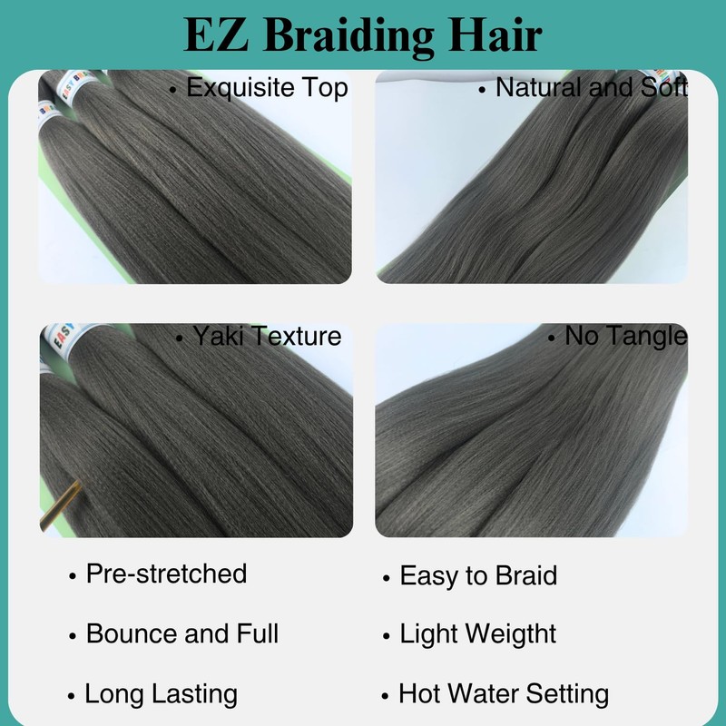 Gray Braiding Hair Pre stretched Hypoallergenic Braiding Hair Extensions