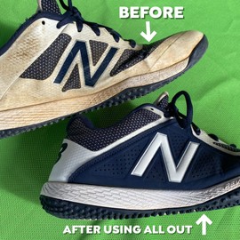 All Out Sports Stain Cleaner | Remove Stains from Shoes, Jerseys, Hats, Pants, Clothing, Helmets, Gloves Etc | Long-Lasting Soak & Clean Formula | Works for All Sports Equipment | 24 Oz Spray Bottle