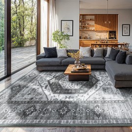 LBRO2M Boho Area Rug 8X10 Washable Rugs for Bedroom Low Piles Indoor Carpet, Non Slip Soft Rug for Living Room, Dining Room, Dark Gray Rug Foldable Pet Friendly Area Rugs (8'X10' Dark Gray)