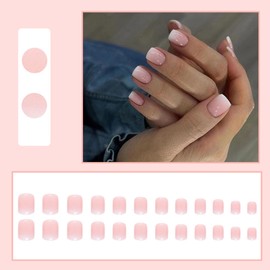 24 Stück Künstliche Nägel Kurze Eckig, Nude Rosa French Kunstnägel Fingernägel zum Aufkleben, Gradient Ballerina Acryl Falsche Nägel, French Press on Nails mit Nagelkleber Aufkleber für Frauen
