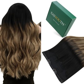 Easyouth Wire Real Hair Extensions Ombre Black Wire Hair Extensions Real Human Hair Black Fading to Brown with Caramel Blonde Long-Lasting Fish Line Hair Extension Human Hair for Women 16Inch 80G