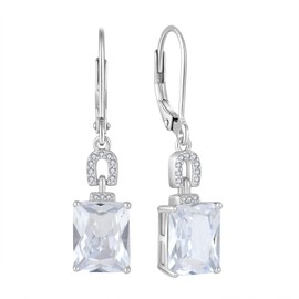 Inpasne Cubic Zirconia Earrings 925 Sterling Silver Emerald Cut Dangle Drop Leverback Earrings Baguette April Birthstone Jewelry Gifts for Women