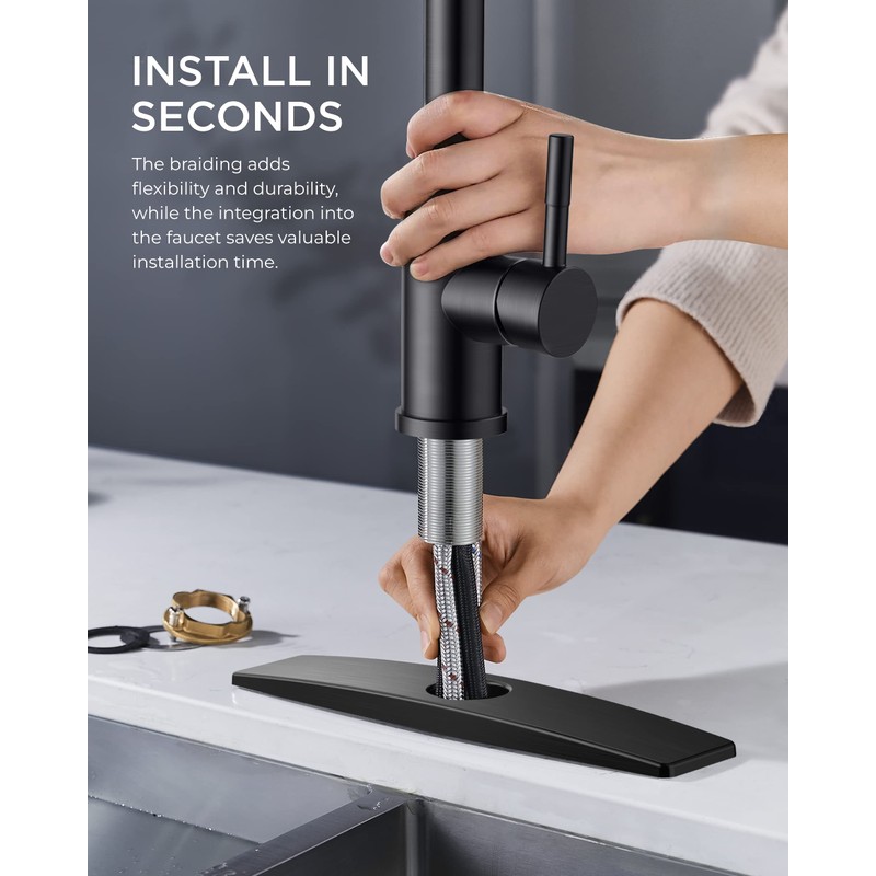 FORIOUS Black Kitchen Faucet with Pull Down Sprayer, Stainless Steel