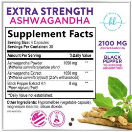 Ashwagandha Supplements 2100 mg - Extra Strength Ashwagandha Capsules for Women with Plant Powder & Root Extract, Black Pepper for High Absorption, Non-GMO, Bottled in the USA, 120 Vegetarian Capsules