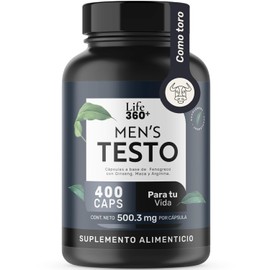 LIFE 360+ Mens Testo |400 Cápsulas por envase| Fenogreco, Maca Negra, Maca Roja y Maca Amarilla, L-Arginina, Zinc, Vitamina D, Magnesio, Ginseng y Guaraná|Suplemento Alimenticio 1 cápsula por porción